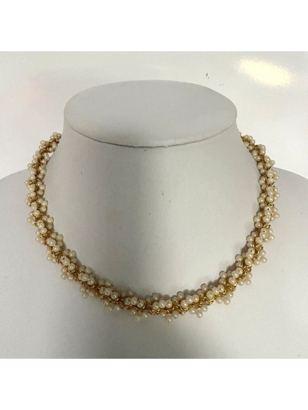 Cluster Faux Pearl Choker Necklace Twisted Gold Tone Braided 16 inch Vintage